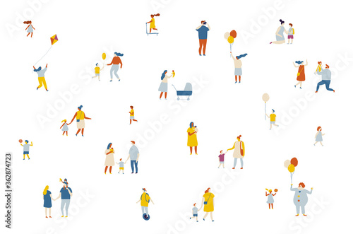 Flat vector cartoon crowd. Parents and kids. Childhood. Outdoor.
