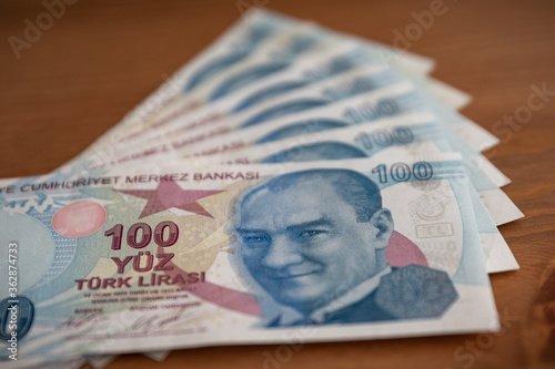 Bunch of 100 Turkish Lira Banknotes photo