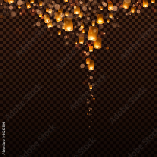 Lanterns isolated on transparent background. Diwali festival floating lamps. Vector indian paper flying lights with flame at night sky