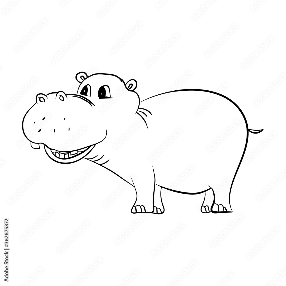 Obraz premium Cute little hippo drawing, line art illustration for coloring book. Funny cartoon baby hippopotamus, Can be used for t-shirt print, kids wear fashion design, baby shower invitation card. - Vector