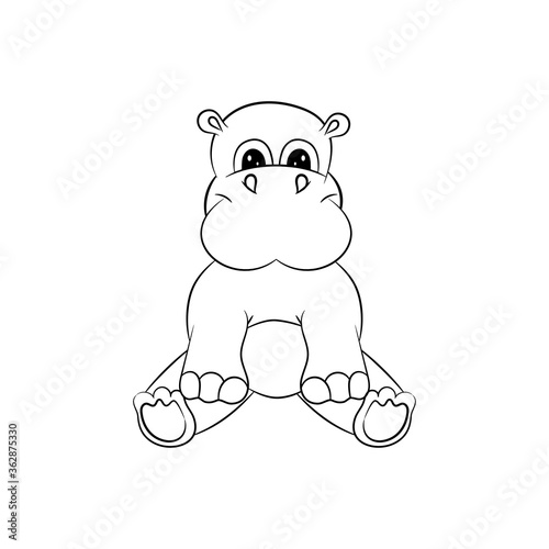 Cute little hippo drawing, line art illustration for coloring book. Funny cartoon baby hippopotamus,  Can be used for t-shirt print, kids wear fashion design, baby shower invitation card. - Vector