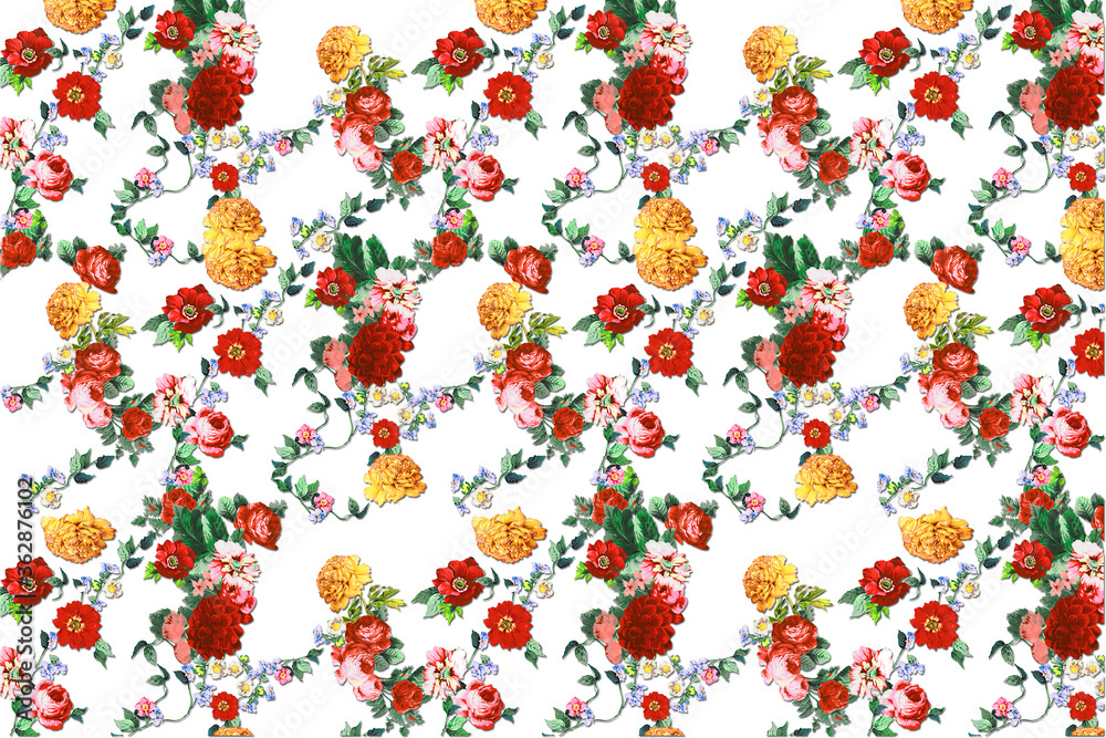Seamless floral background scarf art abstract design textile. seamless beautiful artistic bright tropical pattern with exotic forest. Colorful Fabric Flower pattern. Beautiful vintage Floral