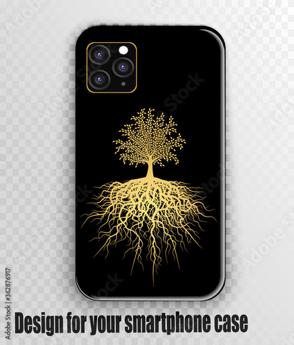 Golden silhouette tree of life on smartphone case print design