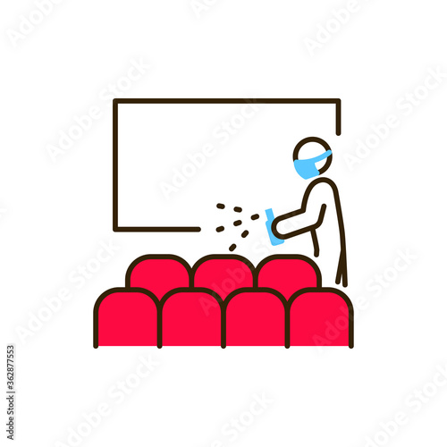 Cinema hall disinfection color line icon. Cleaning service. Worker in protective suit with disinfector sprayer. Pictogram for web, mobile app, promo. UI UX design element.