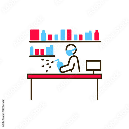 Shop disinfection color line icon. Cleaning service. Worker in protective suit with disinfector sprayer. Pictogram for web, mobile app, promo. UI UX design element
