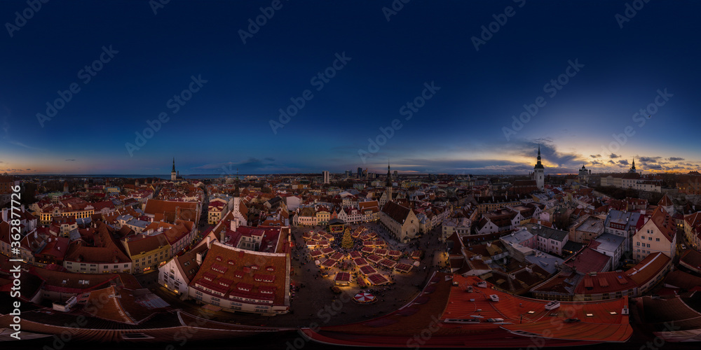 An aerial drone view of the Old Town of Tallinn, Estonia at sunset 360 degrees panorama An aerial drone view of the Old Town of Tallinn, Estonia at sunset 360 degrees panorama