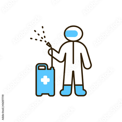 Worker in protective suit with disinfector sprayer color line icon. Protect from viruses. Cleaning service. Pictogram for web, mobile app, promo. UI UX design element.
