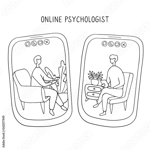Doctor and patient communicate by video call. Online psychiatrist concept. Two people on screens of smartphones are talking to each other. Hand drawn vector illustration