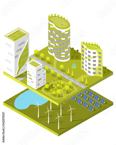 Green city concept of isometric building and solar panels. The world in an environmentally friendly city.
 Green Architecture