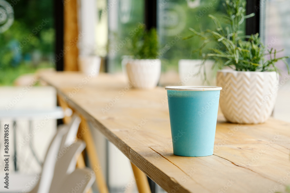 A blue paper cup with hot fresh coffee is standing on a wooden table in a cafe. The interior of the cafe with a Ripsalis cactus (twig) and other green plants. The view from the coffee shop. A blue paper cup with hot fresh coffee is standing on a wooden table in a cafe. The interior of the cafe with a Ripsalis cactus (twig) and other green plants. The view from the coffee shop.