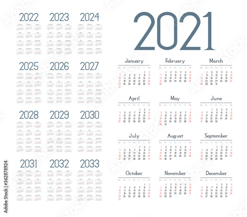 English calendar for years 2021-2033  week starts on Sunday