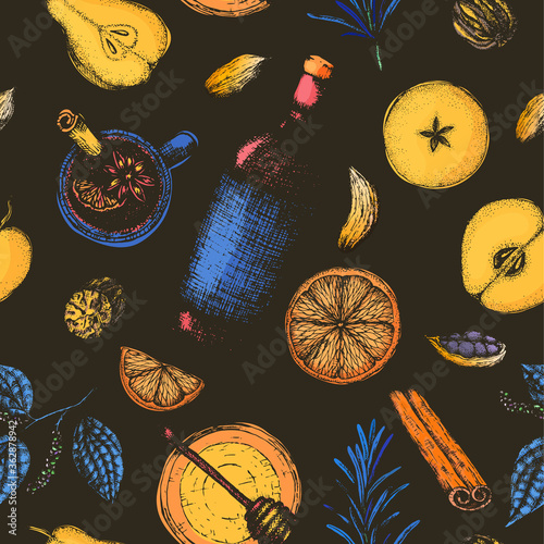 Vector illustration seamless pattern hot winter alcoholic drink mulled wine in bright colors on a dark. Ingredients and spices for mulled wine in sketch style for wrapping, packaging, menu design.