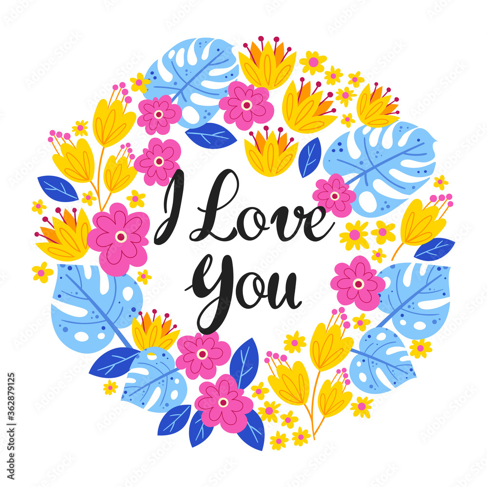 Vector illustration with frame of leaves, flowers and lettering I love you. Floral circle border on black background. Greeting card in tropical style.