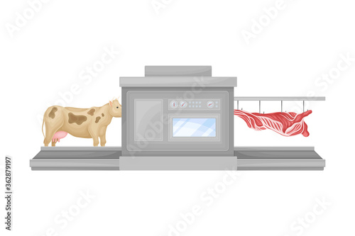 Metal Conveyor for Skinning Cow in Slaughterhouse Vector Illustration