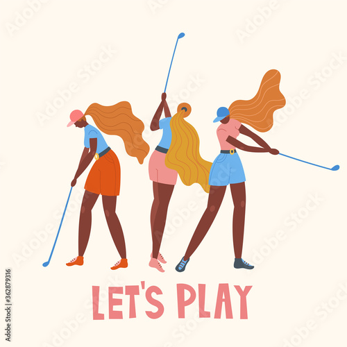 Set with african american young girl hitting ball with golf club. Vector flat hand drawn illustration. Female golfer plays golf. Woman in sport. T-shirt print design. Let's play. Cartoon characters.