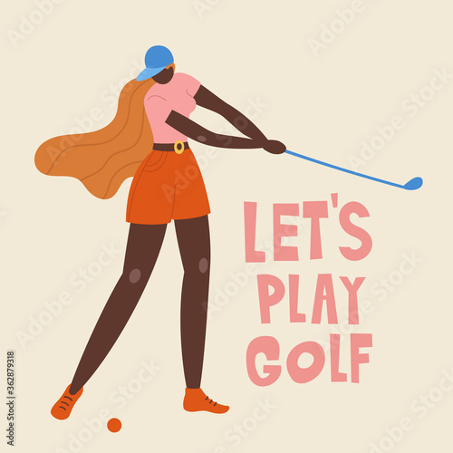 African american young girl hitting ball with golf club. Vector flat hand drawn illustration. Female golfer plays golf. Woman in sport. T-shirt print design. Let's play.