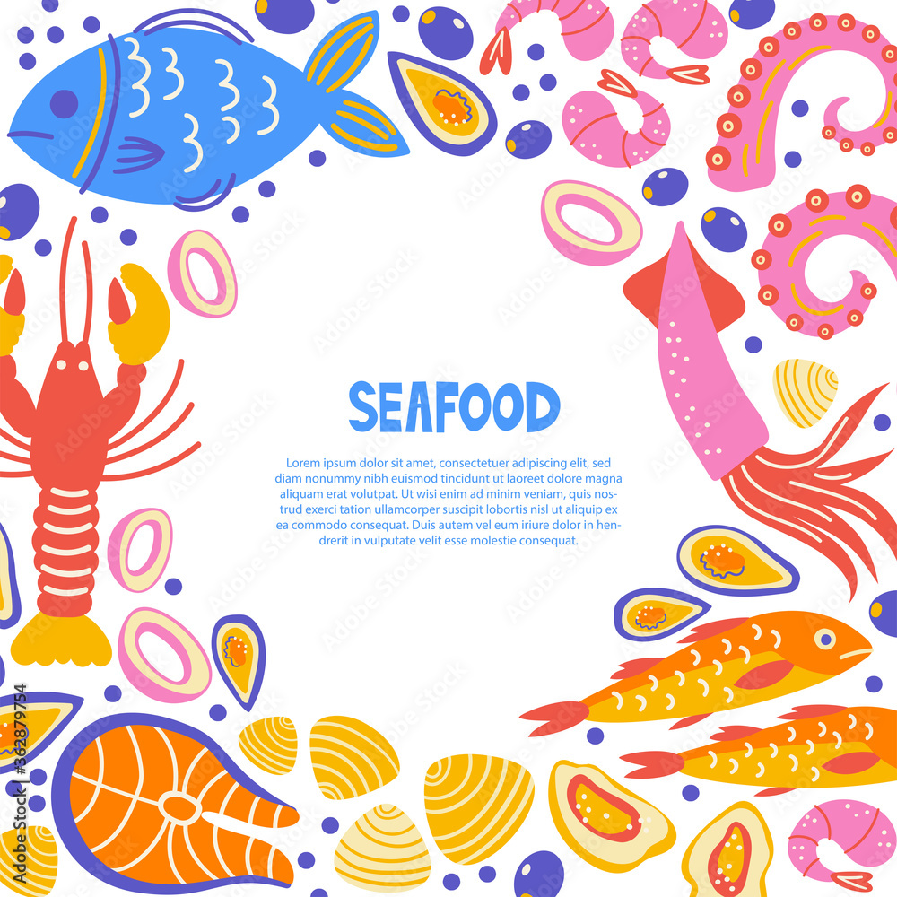 Healthy food flat set. Scandinavian illustration of seafood. Cooking courses poster with text space. Copyspace concept for farm market, restaurant menu design, banner, cookbook page.