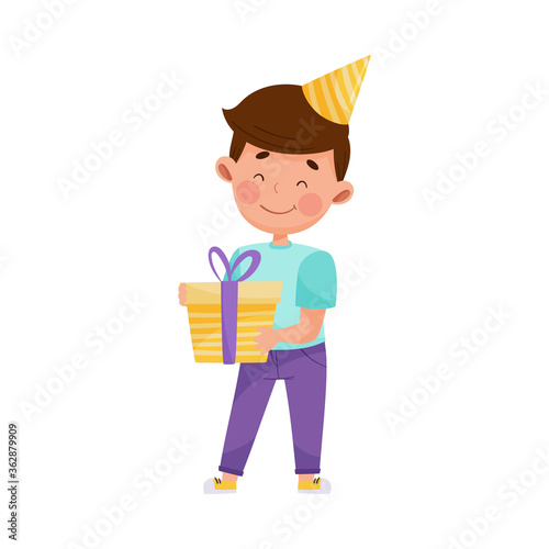 Little Boy Character with Birthday Hat Holding Gift Box Vector Illustration