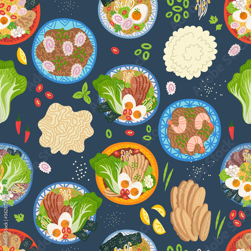 Seamless pattern. Ramen, udon, noodles in bowl on table. Top view. Vector illustration. Japanese soup, Ingredients in flat style. Asian food: miso, nori, soybean sprouts, kamaboko, enoki, bok choy.
