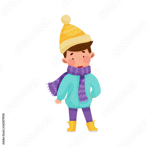 Little Boy Character Standing Wearing Warm Hat and Outwear Vector Illustration