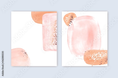 Wedding invitation hand drawn card. Brush stroke texture design. Blush brush and rose gold style. Thank you, birthday card background. Watercolor spots.