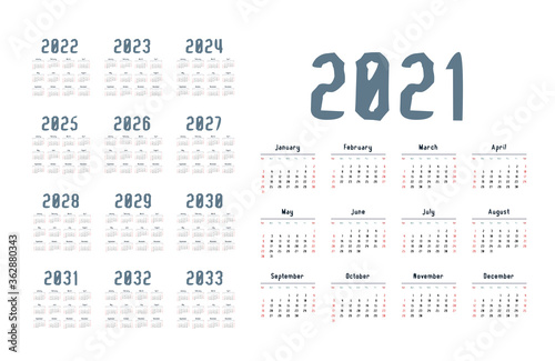 English calendar for years 2021-2033  week starts on Sunday