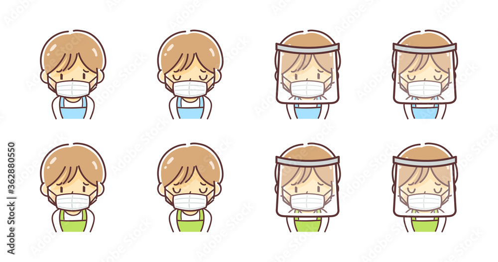 Vettoriale Stock マスクとフェイスシールドをつけたエプロン姿の男性のイラスト 頭を下げる 謝る Adobe Stock