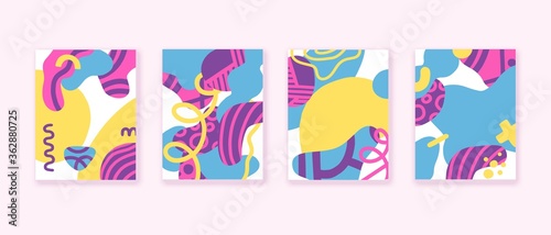 Set of colorful abstract cards with hand drawn artistic shapes, liquid, curly design elements. Vector.