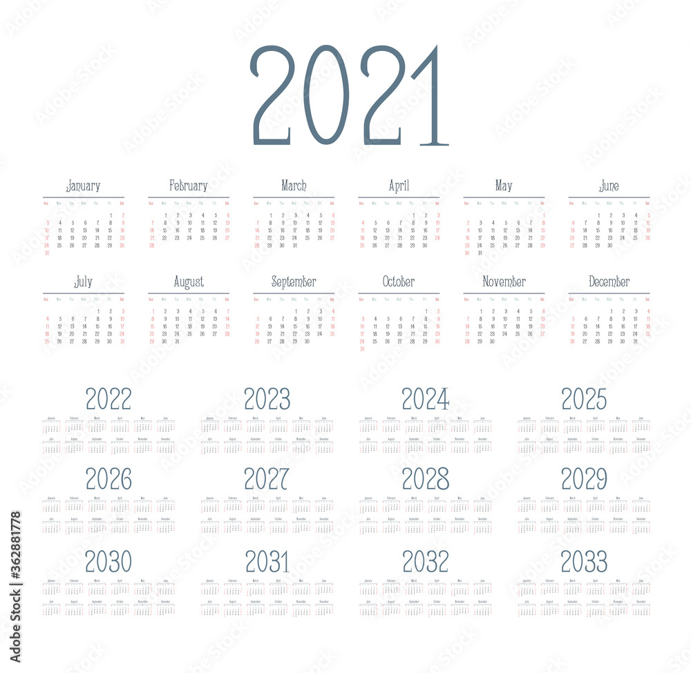 English calendar for years 2021-2033, week starts on Sunday English calendar for years 2021-2033, week starts on Sunday