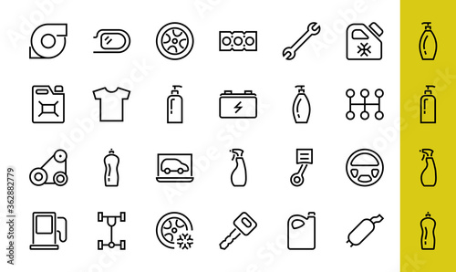 AUTO PARTS Set of Icons related vector line icons. Contains icons such as parts, oil, diagnostics, turbine, steering wheel, key, chassis, gearbox and much more. Editable stroke