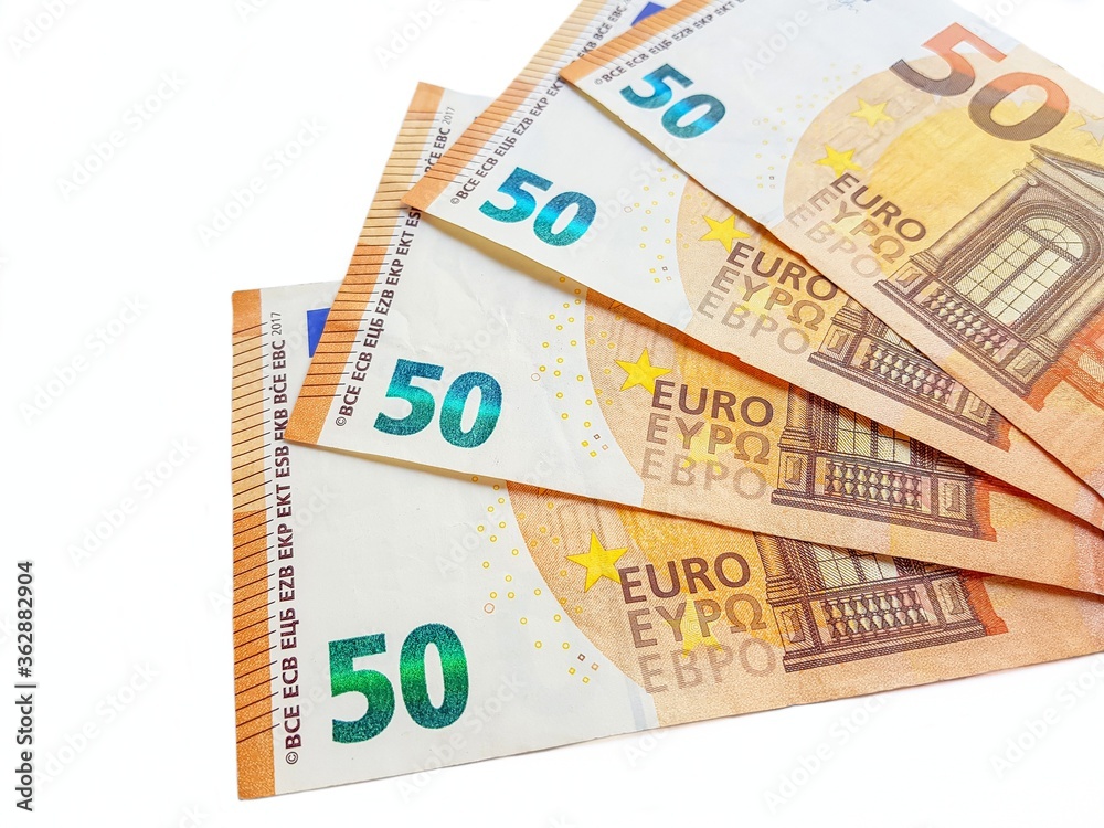 Paper money euro on a white background. Salary. Loan repayment. Paper money euro on a white background. Salary. Loan repayment.