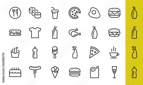 A simple set of fast food icons related to the vector line. Contains icons such as pizza, burger, sushi, bike, scrambled eggs and more. EDITABLE stroke. 480x480 pixels perfect, EPS 10