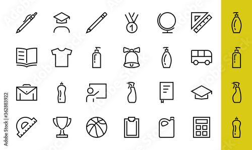 A simple set of school items. Contains icons such as student, award, geography, physical education, geometry and more. On white background. Editable stroke. 480x480