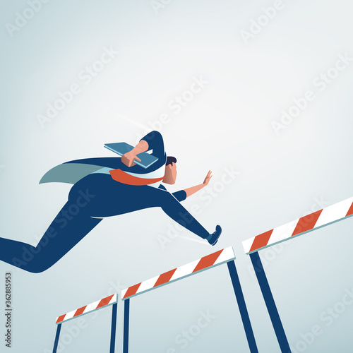 Concept of overcoming obstacles. Businessman jumps over obstacle with project in hand. Business vector illustration
 photo
