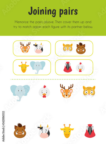 Joining pairs Educational Sheet. Primary module for Memory. 5-6 years old. Educational Sheets Series