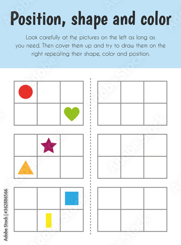 Position, shape and color Educational Sheet. Primary module for Memory. 5-6 years old. Educational Sheets Series