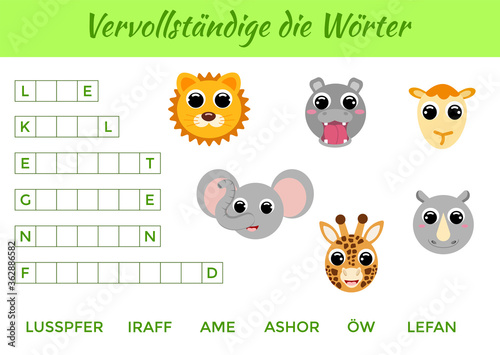 Vervollständige die Wörter - Complete the words, write missing letters. Matching educational game for children with cute animals. Educational activity page for study German. Vector illustration.