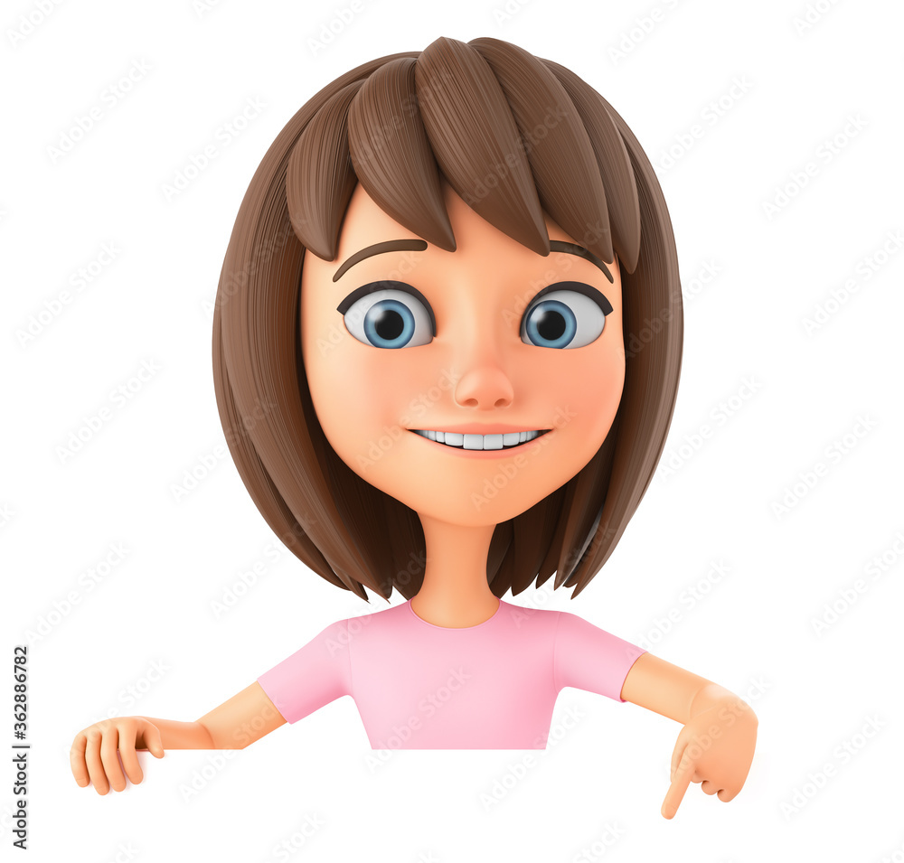 Illustration for advertising. Cartoon character girl points to a blank board on a white background. 3d rendering. Illustration for advertising. Cartoon character girl points to a blank board on a white background. 3d rendering.