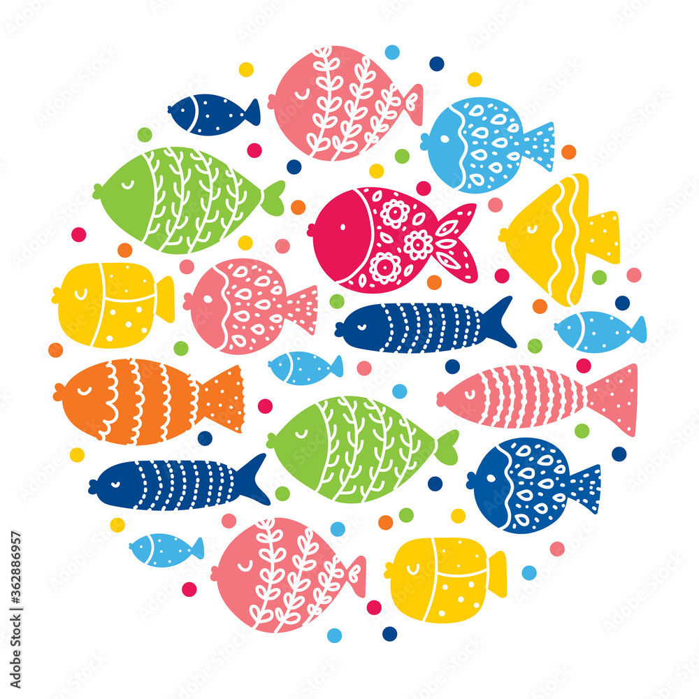 Cute fish card. Around motif with fish.
