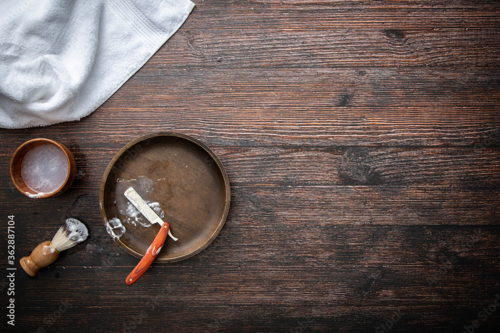 Traditional Shaving Flat Lay on a Dark Wood Table Traditional Shaving Flat Lay on a Dark Wood Table