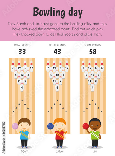 Bowling day Educational Sheet. Primary module for Numerical Ability. 5-6 years old. Educational Sheets Series