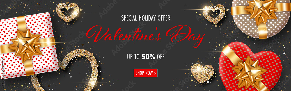 Obraz premium Valentines Day background with heart-shaped gift boxes and stylized hearts made of golden confetti. Greeting card, party invitation or sale banner template