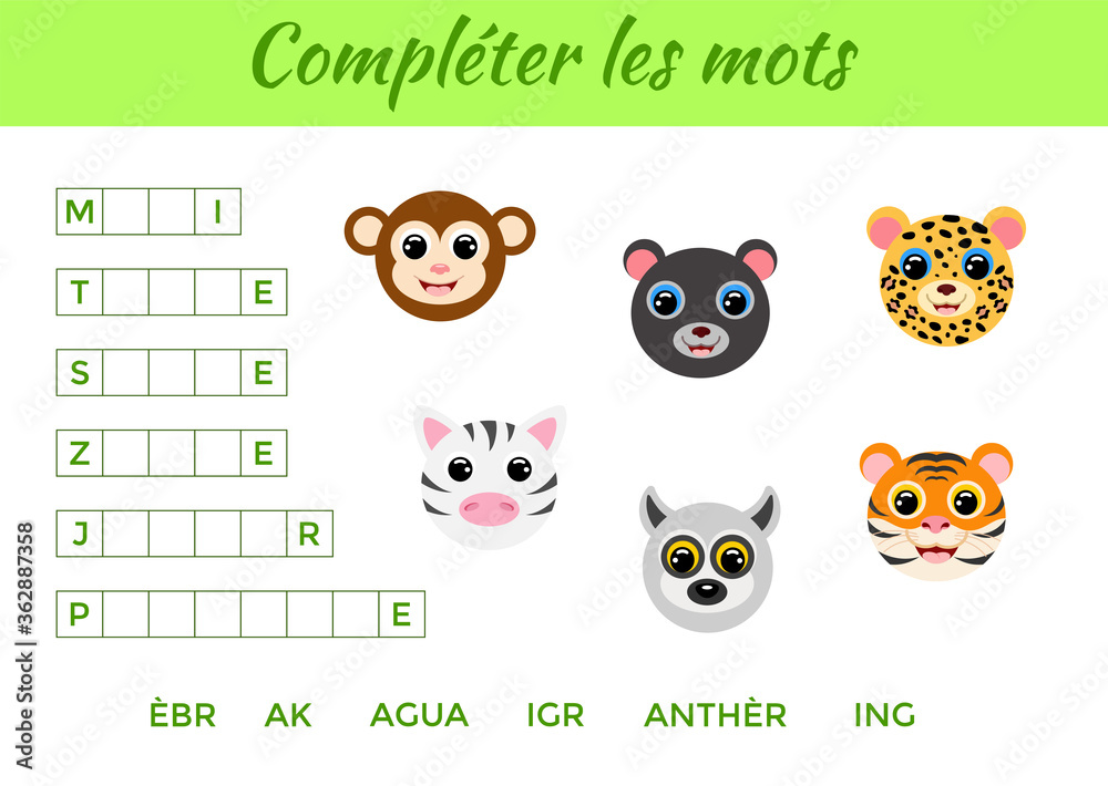 Compléter les mots - Complete the words, write missing letters. Matching educational game for children with cute animals. Educational activity page for study French. Isolated vector illustration. Compléter les mots - Complete the words, write missing letters. Matching educational game for children with cute animals. Educational activity page for study French. Isolated vector illustration.