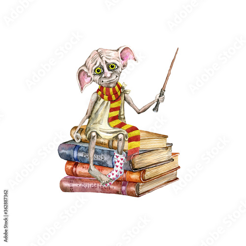Watercolor  cute elf with books, jpg , isolated on white