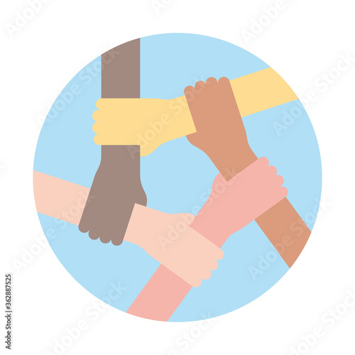 Vector of six holding each other hands. Friendship symbol. Isolated on white background.