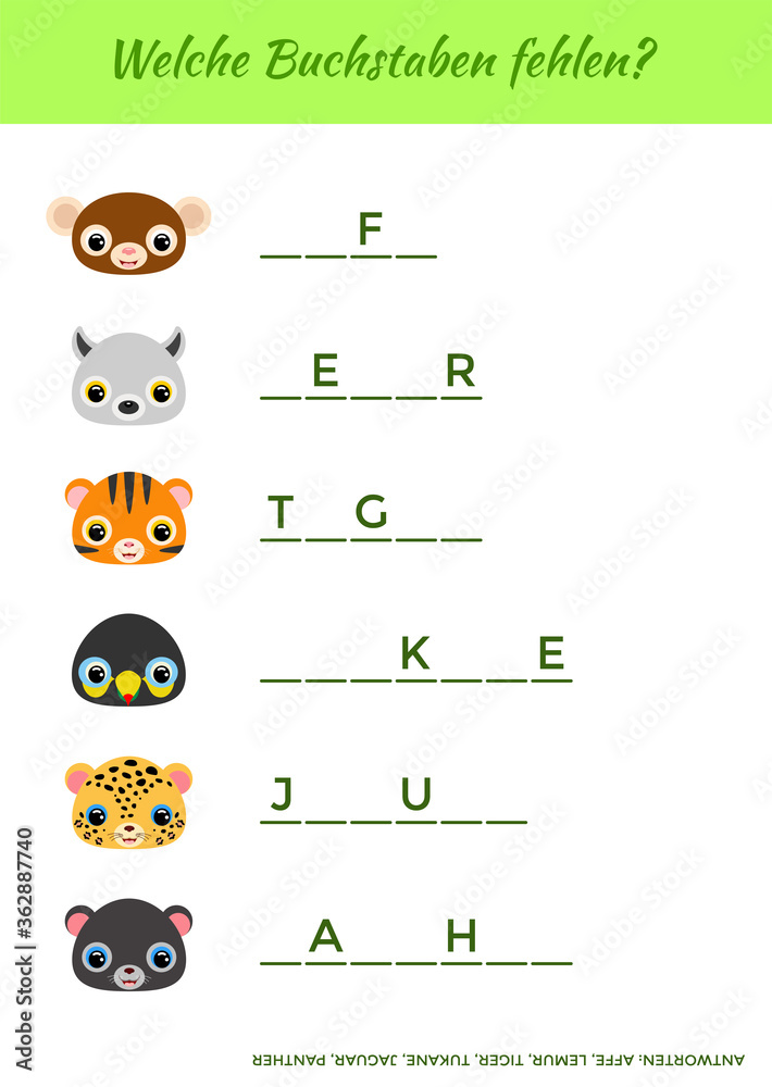 Welche Buchstaben fehlen? - What letters are missing? Complete the words. Matching educational game for children with cute animals. Educational activity page for study German. Vector illustration. Welche Buchstaben fehlen? - What letters are missing? Complete the words. Matching educational game for children with cute animals. Educational activity page for study German. Vector illustration.