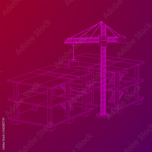 Building under construction with crane. Build house construct in process. Wireframe low poly mesh vector illustration