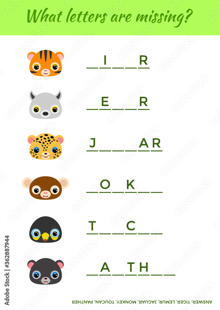 Matching educational game for children with cute animals. Write missing letters. Educational activity page for study English. Game learning words for kids. Isolated vector illustration.