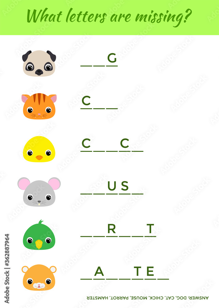 Matching educational game for children with cute animals. Write missing letters. Educational activity page for study English. Game learning words for kids. Isolated vector illustration. Matching educational game for children with cute animals. Write missing letters. Educational activity page for study English. Game learning words for kids. Isolated vector illustration.
