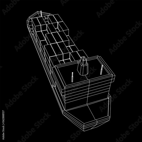 Heavy dry cargo ship of bulk carrier with freight containers. Wireframe low poly mesh vector illustration.